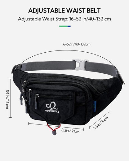 WATERFLY Running Belt Fanny Pack: Runner Marathon Jogging Waist Pack Sport Workout Exercise Fitness Phone Holder Belt for Men Women Jogger Slim Waistband Black