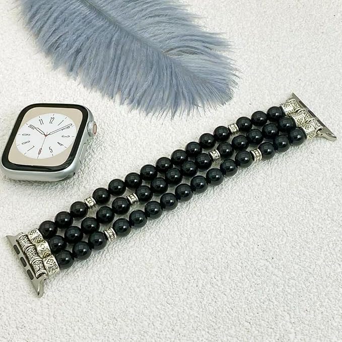 Black Agate Bracelet Compatible for Apple Watch Band 40mm/38mm/41mm Series 9 8 7 SE Series 6/5/4 Women Fashion Natural Gemstone Handmade Stretchy Watch Strap (38mm/40mm/41mm)