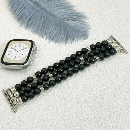 Black Agate Bracelet Compatible for Apple Watch Band 40mm/38mm/41mm Series 9 8 7 SE Series 6/5/4 Women Fashion Natural Gemstone Handmade Stretchy Watch Strap (42mm/44mm/45mm)