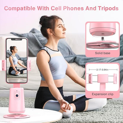Auto Face Tracking Tripod 360° Rotating Cell Phone Photo and Video Kits Stand, No App, Camera Stand with Remote and Gesture Control, Rechargeable Smart Shooting Stand for Live Recording Tiktok（Pink）