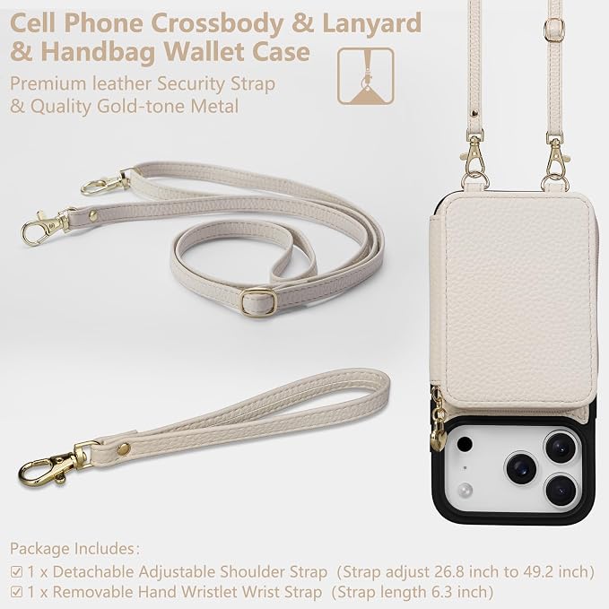 Keallce Case for iPhone 17 Pro 6.3'' Case Wallet, Crossbody Zipper Purse with RFID Blocking Card Slots Kickstand, Lanyard & Handstrap Flip Folio Leather Phone Cover for iPhone 17 Pro, Beige