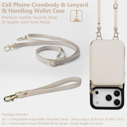 Keallce Case for iPhone 17 Pro 6.3'' Case Wallet, Crossbody Zipper Purse with RFID Blocking Card Slots Kickstand, Lanyard & Handstrap Flip Folio Leather Phone Cover for iPhone 17 Pro, Beige