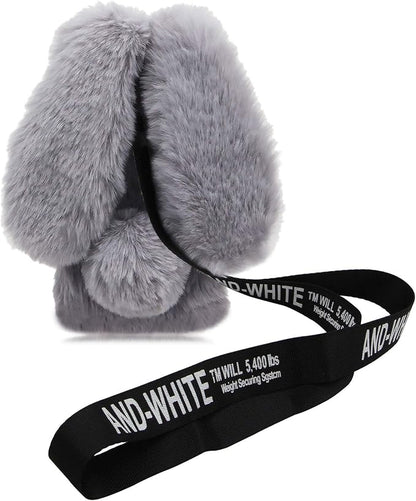 Rabbit Ear Case for iPhone 14 Pro 6.1, Crossbody Strap Case Fuzzy Fluffy Cute Women Girls Kids Plush Ball Bunny Fur Phone Case Shockproof Silicone Bumper Protective Cover,Light Gray