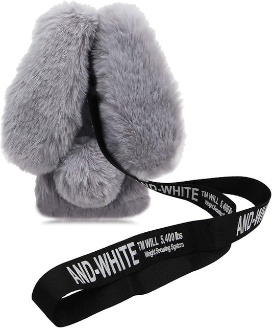 Rabbit Ear Case for iPhone 14 Plus 6.7, Crossbody Strap Case Fuzzy Fluffy Cute Women Girls Kids Plush Ball Bunny Fur Phone Case Shockproof Silicone Bumper Protective Cover,Light Gray