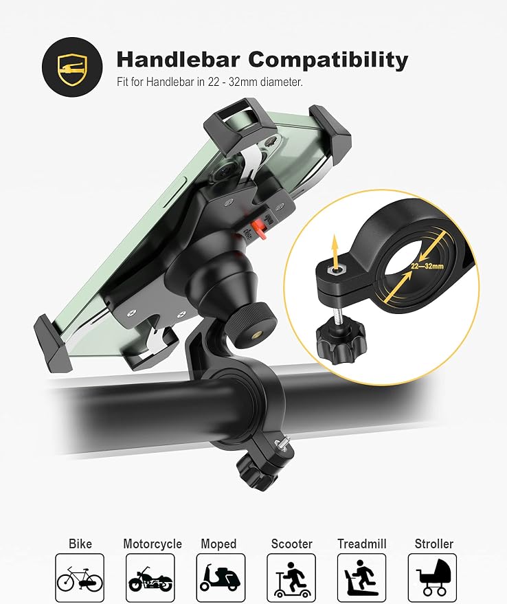 Grefay Bike Phone Mount Metal Motorcycle Handlebar Phone Holder Scooter Phone Clamp for 4.0-7.0 Inch Smartphone with 360° Rotation