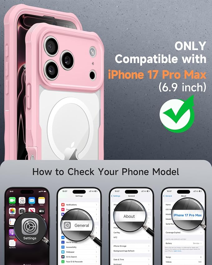 seacosmo for iPhone 17 Pro Max Case, Full Body Bumper with Built-in Tempered Glass Screen Protector and Camera Lens Protection, Compatible with MagSafe, Shockproof 17 Pro Max Case, 6.9", Pink