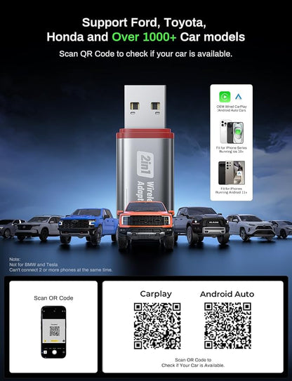 2026 Wireless CarPlay Adapter Support Apple CarPlay & Android Auto, 2-in-1 USB A & USB C Mini Bluetooth Dongle Convert Wired to Wireless Compatible with iPhone & Android