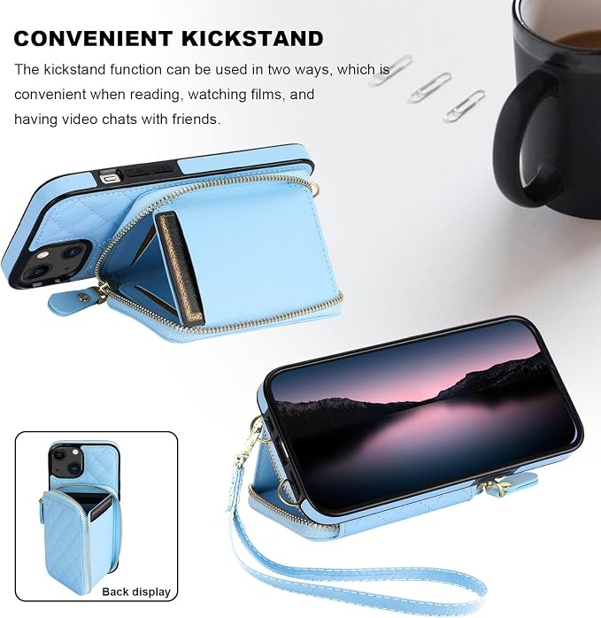 Bocasal Crossbody Wallet Case for iPhone 13, RFID Blocking PU Leather Zipper Handbag Purse Flip Cover, Kickstand Folio Case with Card Slots Holder Wrist Strap Lanyard 5G 6.1 Inch (Blue)