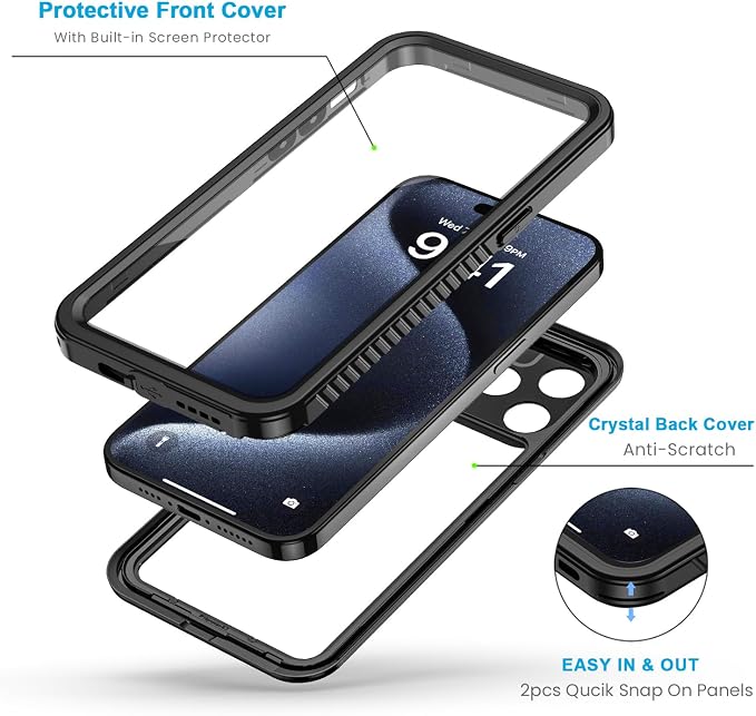 Lanhiem Magnetic for iPhone 15 Pro Case, Waterproof Dustproof Cover [Built in Screen Protector] [Compatible with MagSafe], Full Body Heavy Duty Phone Case for iPhone 15 Pro - 6.1” (Black)
