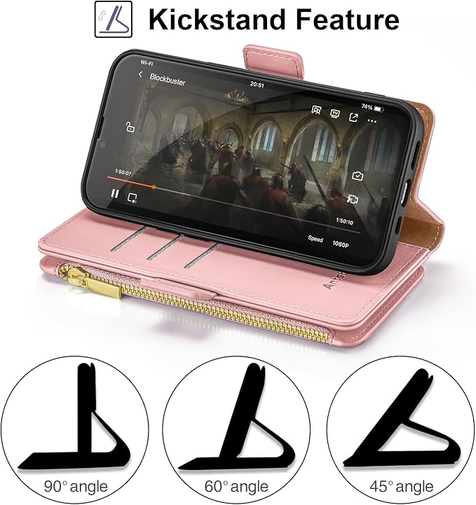 Antsturdy Compatible with iPhone 17 Pro Wallet Case Women,RFID Blocking PU Leather Phone Case Men Kickstand Flip Cover Wrist Strap Zipper Credit Card Holder Slots for Apple 17 Pro 6.3",Pink