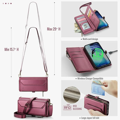 Strapurs Wallet Case Compatible with iPhone 17 6.3" RFID Blocking 9-Card Holder Soft PU Leather Magnetic Snap Shoulder Strap Zipper Pocket Phone Case Fit for iPhone 17 for Women - WineRed