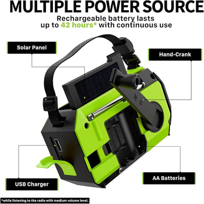 FosPower NOAA Emergency Weather Radio A6 19240mWh Portable Power Bank, AM/FM, USB/Solar/Hand Crank Charging, Battery Operated, SOS Alarm & Flashlight for Indoor/Outdoor Emergency - Green