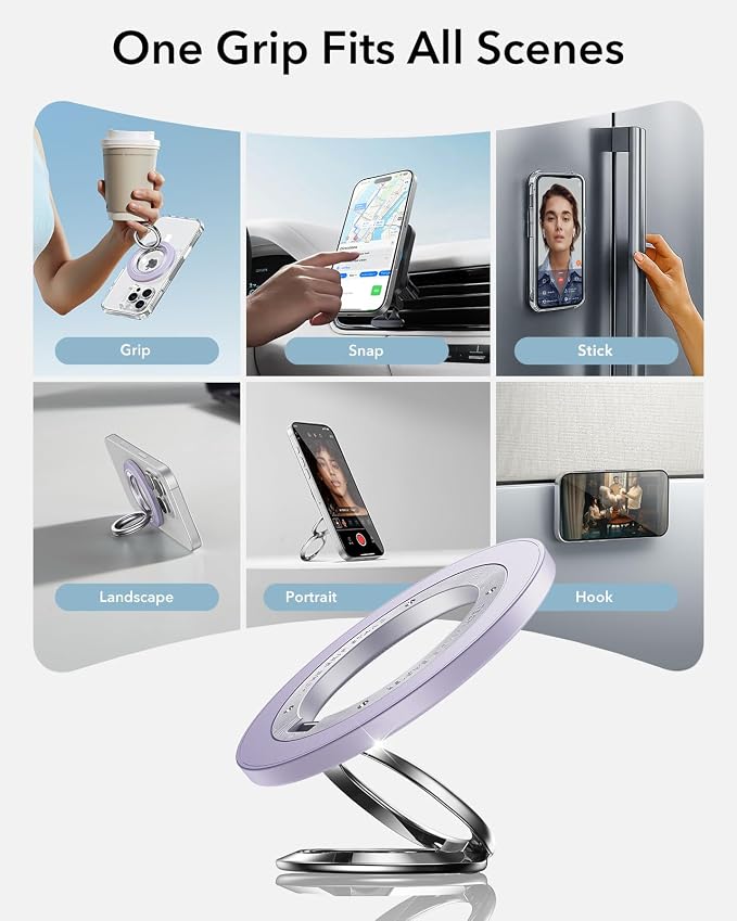 ESR for MagSafe Phone Grip, Dual-Side Magnetic Phone Grip,360° Adjustable Thin Magnetic Ring Holder Stand,for iPhone 17e/17-12, Samsung, All Phones, MagSafe Accessories (2 Metal Rings Included)