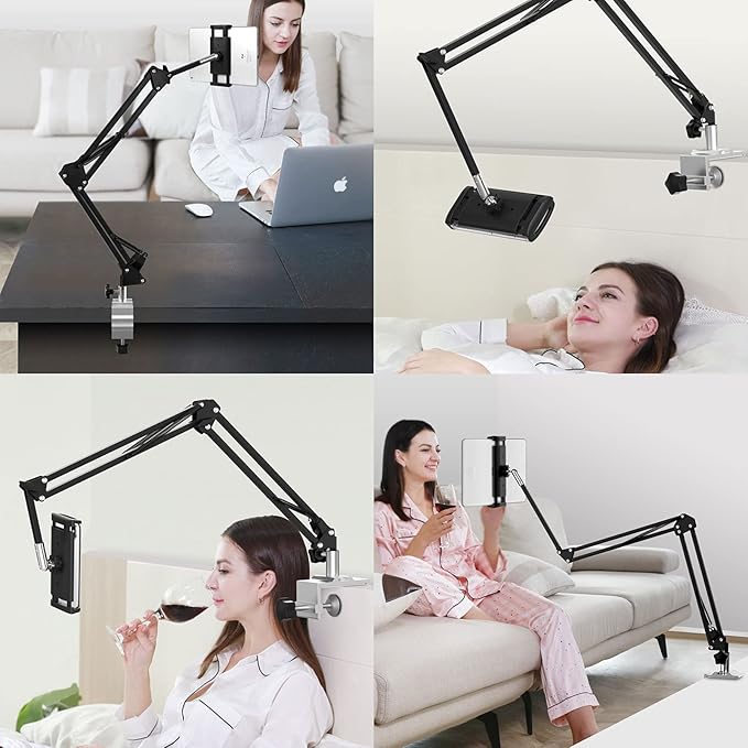 Heavy Duty Phone/Tablet Metal Holder Universal Mobile Cell Smartphone Mount Lazy Bracket 360° Rotation Gooseneck Clamp Stand Flexible Long Arm (Black, 3-Section)