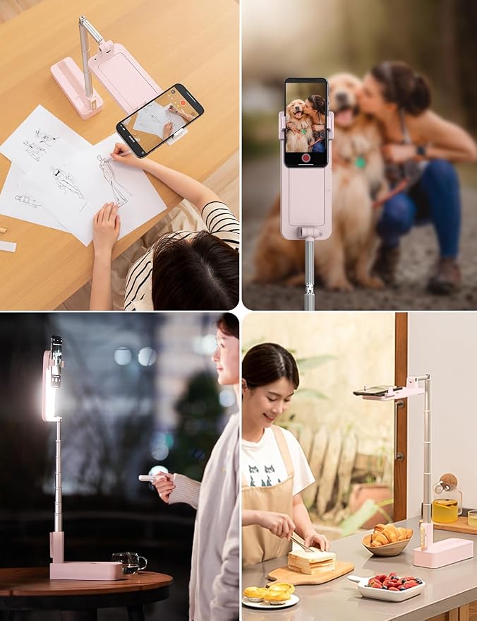 Overhead Phone Stand for Recording,Overhead Phone Mount, Foldable/Extendable/Rechargeable Phone Stand with Light&Wireless Remote, for Photo/Vlog Kit/Tiktok/Unboxing Video,Cooking.P