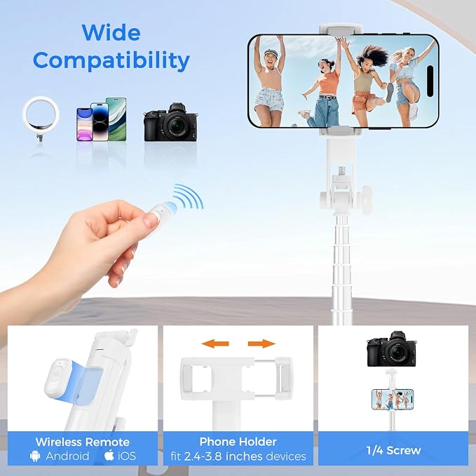 Selfie Stick Travel Tripod for Cell Phone with Remote Control and Phone Holder, Extendable Selfie Stick for iPhone, iPhone Tripod for Video Recording, 63 Inch, White