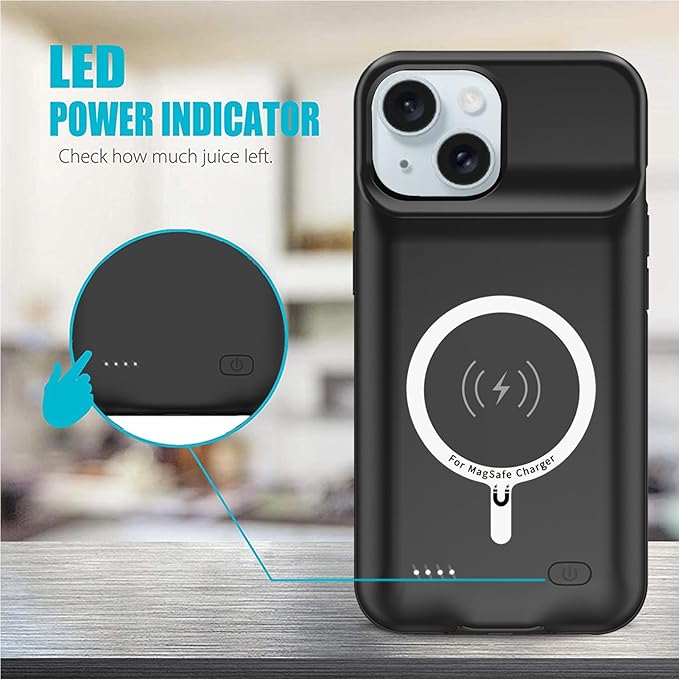 Battery Case for iPhone 15 Plus, Full Encircle 12000mAh High Capacity Rechargeable Portable Charger Case Extended Battery Pack for iPhone 15 Plus (6.7 inch) Wireless Charging Case with Carplay-Black
