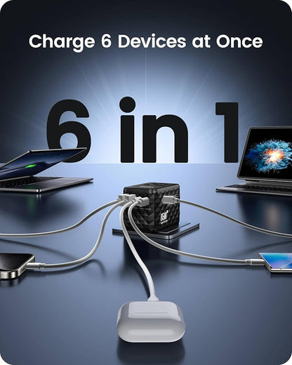 LENCENT 65W GaN International Travel Adapter with 2 USB-A & 3 Type C Ports | Fast Charger for Phones & Laptops, Worldwide Plug Adapter for USA/UK/EU/AUS, Black