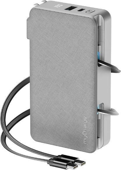 myCharge RetractaCharger 10000mAh Portable Charger Power Bank with 28-Inch Retractable 2 USB-C Cable | Built-in Wall Plug | 30W PD Fast Charging | USB-C & A Ports | Digital Display | Grey