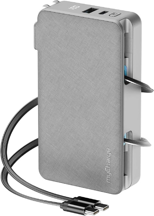 myCharge RetractaCharger 10000mAh Portable Charger Power Bank with 28-Inch Retractable 2 USB-C Cable | Built-in Wall Plug | 30W PD Fast Charging | USB-C & A Ports | Digital Display | Grey