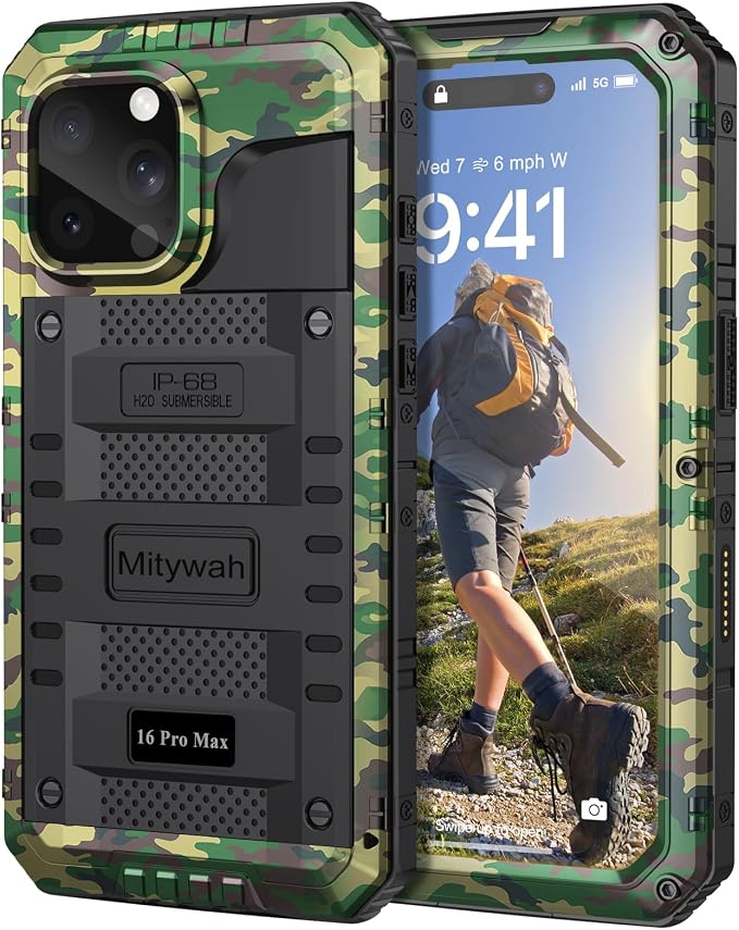 Mitywah Waterproof Case for iPhone 16 Pro Max, Heavy Duty Metal Cover with Built-in Screen Protector, Military Grade Full Body Shockproof Rugged Protective Phone Case 6.9 inch, Camouflage