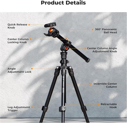 K&F Concept 76 inch Camera Tripod with Rotatable Multi-Angle Center Column,Lightweight Travel Outdoor DSLR Tripods with 360 Degree Ball Head Load Capacity 8kg/17.6lbs, Cellphone Clips for Smartphone