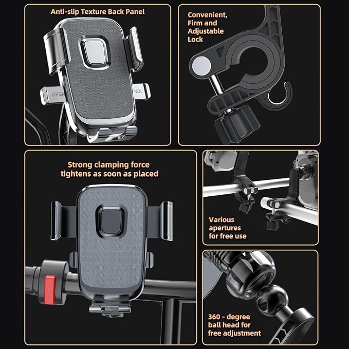 Motorcycle Phone Mount with Shock Absorber - Anti-Vibration Handlebar Phone Holder, Adjustable, Compatible with Bicycles, Scooters, ATVs, Fits 5.4-6.9 Inch Smartphones