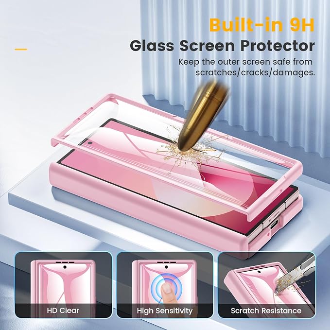 Caka Magnetic for Samsung Galaxy Z Fold 5 Case with Hinge Protection Pink | Compatible with MagSafe, Built-in Outer Screen Protector, Hinge Guard, Translucent Matte Back, 360° Hybrid Drop Defense