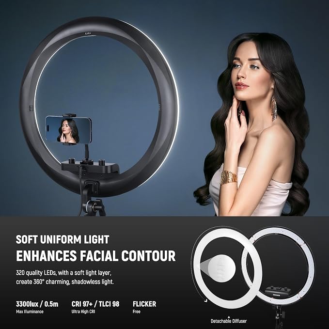 NEEWER RP18B Pro Ring Light 18" with Tripod Stand and Phone Holder Compatible with iPhone, 45W 2900K-7000K App Control Cleaning Cloth, Selfie Video Recording Makeup Studio Streaming Lighting, Black