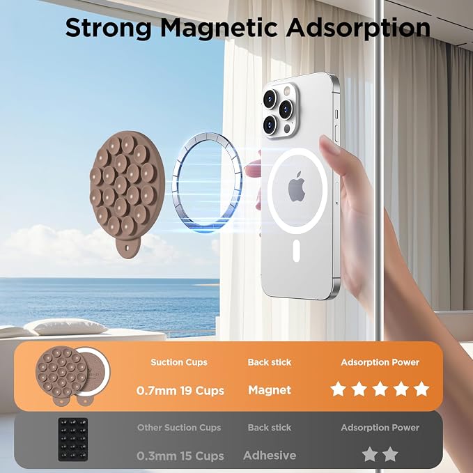 Magnetic Suction Cup Phone Mount with MagSafe, Silicone Hands-Free Grip Holder for iPhone Case and Android, Mirror Shower Phone Stand for Makeup FaceTime Gym Kitchen Bathroom, Light Brown