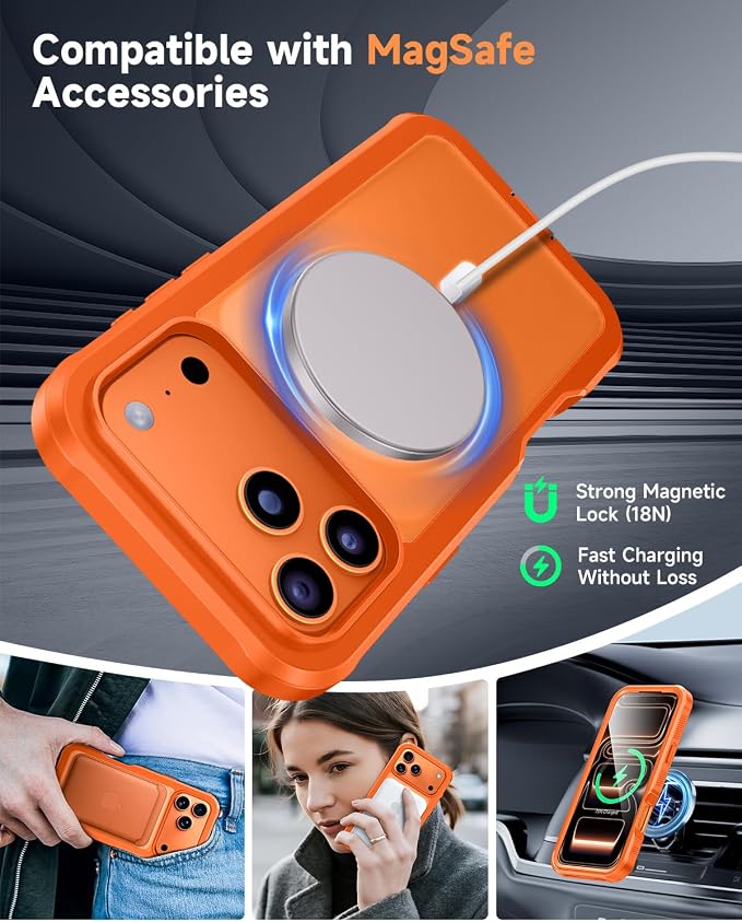 seacosmo for iPhone 17 Pro Case, Full Body Bumper with Built-in Tempered Glass Screen and Camera Lens Protector, Compatible with MagSafe, Shockproof 17 Pro Phone Case, 6.3", Orange Matte