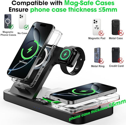 Dual Phone Wireless Charging Station for Apple Devices, Magnetic Charging Station for iPhone with Auto Switch 7-Color Light&Clock, Family Watch Charger for iPhone17 for iWatch11 for AirPods Pro3(Black