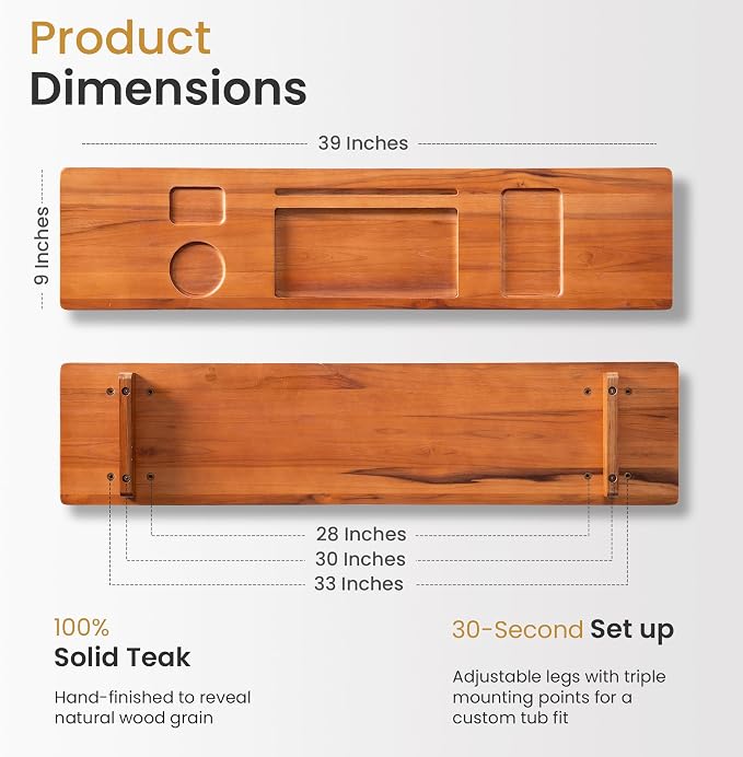 Teak Bathtub Tray for Freestanding Bath - 39" Large, Thick & Adjustable Spa Caddy | Anti-Tip Design with Accessories Holder | Water-Resistant