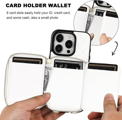 Bocasal Crossbody Wallet Case for iPhone 15 Pro, RFID Blocking PU Leather Zipper Handbag Purse Flip Cover, Kickstand Folio Case with Card Slots Holder Wrist Strap Lanyard 5G 6.1 Inch (White)
