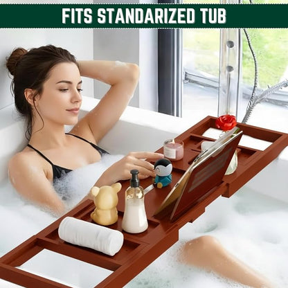 Bamboo Bathtub Caddy Tray Expandable & Foldable Bath Shelfwith Book, Tablet & Wine Holder Adjustable Wooden Bath Tray for Relaxing Spa atHome – Fits Most Tub Sizes.