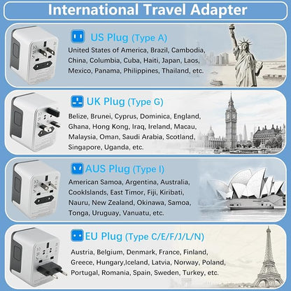 International Power Adapter with 4 Ports (2 USB-C & 2 USB-A) Fast Charging 35W Universal Travel Plug Adapter for USA, Europe, UK, Australia, China & 150+ Countries