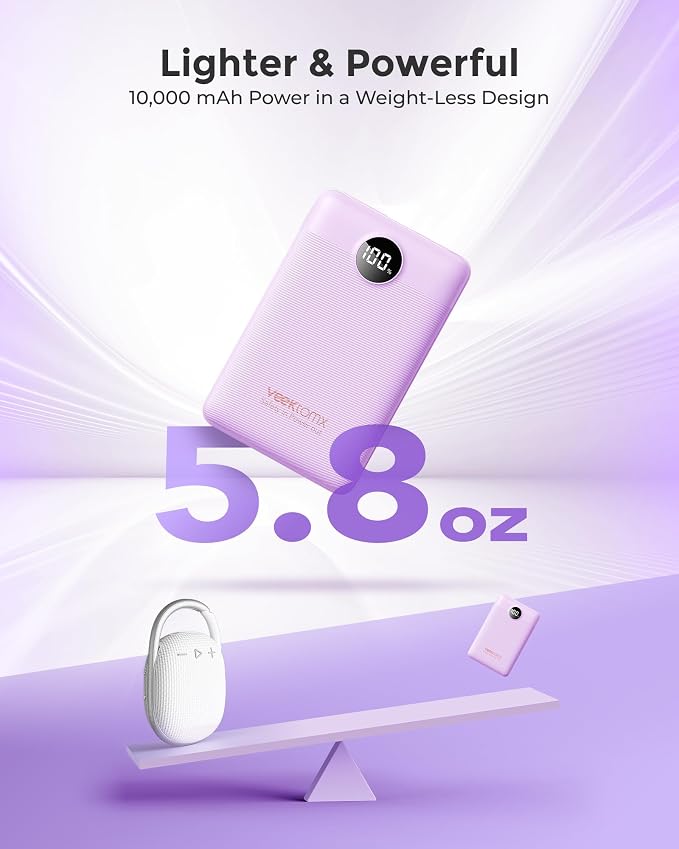Portable Charger 10000mAh, Ultra Slim Power Bank Fast Charging with Attached USB C Cable, Travel Essential Phone Power Bank Battery Pack for iPhone 17/16/15/14 Samsung S25 Google etc, Purple
