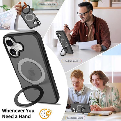 Ultra-Magnetic Stand for iPhone 17 Case [Military Drop Protection] [Compatible with MagSafe] Shockproof Translucent Matte Slim Ring Holder Case for iPhone 17 (Black)