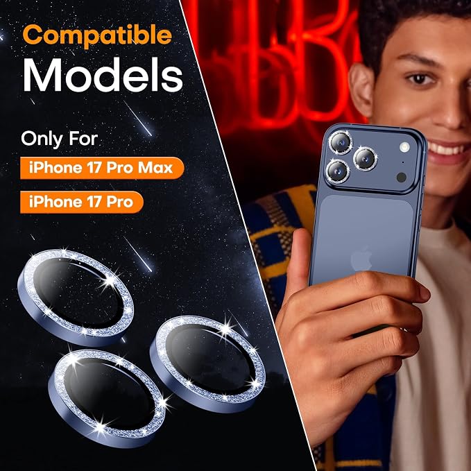 Camera Lens Protector for iPhone 17 Pro Max/17 Pro/16 Pro Max/16 Pro/15 Pro Max/15 Pro/14 Pro Max/14 Pro,Tempered Glass Metal Individual Camera Cover[Anti-drop]Case Friendly- Glitter Deep Blue