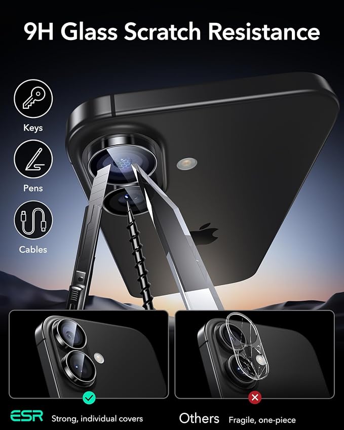 ESR 2 Pack for iPhone 17/iPhone 16/iPhone 16 Plus, Camera Lens Protector, Ultra-tough HD Individual Lens Protectors, Scratch Resistant, Ultra-thin Tempered Glass, Black