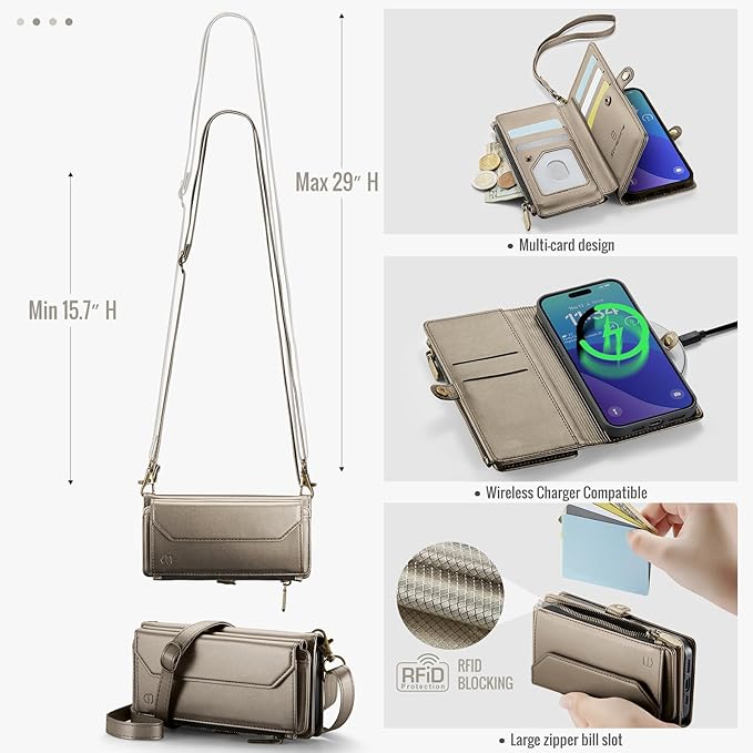 Strapurs Wallet Case Compatible with iPhone 16 Pro 6.3" RFID Blocking 10-Card Holder PU Leather Magnetic Snap Shoulder Strap Zipper Pocket Phone Case Fit for iPhone 16 Pro for Women - Desert Titanium