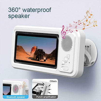 Shower Phone Holder Waterproof with Bluetooth Speaker | 2026 New IPX6 Anti-Fog, 480° Rotatable | Bathroom Case with Speaker Holes | Fits 4-7" Cell Phones & iPhone | Bathroom Wall Mirror