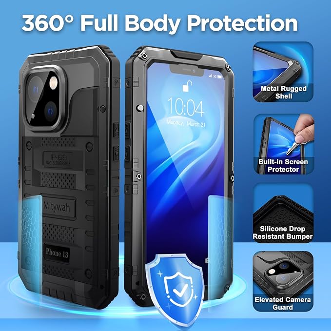Mitywah Waterproof Case for iPhone 13, Heavy Duty Military Grade Drop Protection Phone Case with Built-in Screen Protector, 360° Full Body Protection Metal Armor Dropproof Case 6.1 inch, Black