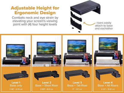 Bostitch Konnect Adjustable Monitor Riser with Drawer, Cell Phone Stand & Pencil Holder, Laptop Stand for Desk, 4 Height Levels, Cable Management & Rubber Feet