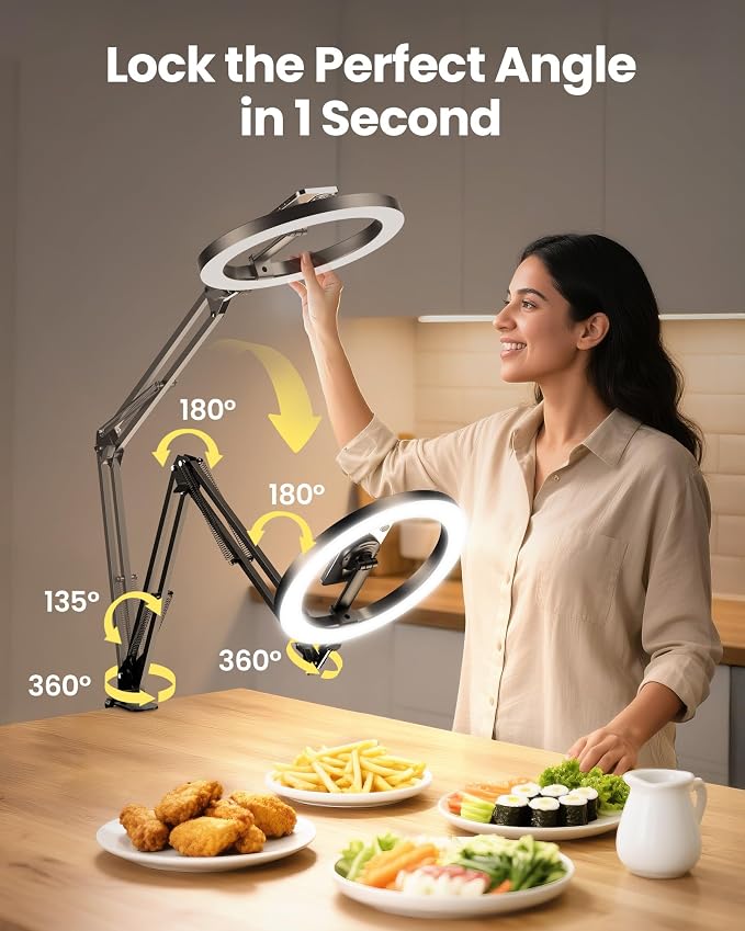 Magnetic Overhead Ring Light for Desk, 10” Selfie Light with Stand Tripod for iPhone, Adjustable Overhead Phone Mount with MagSafe-Compatible Holder for Recording, Vlogging, Crafts, TikTok, YouTube