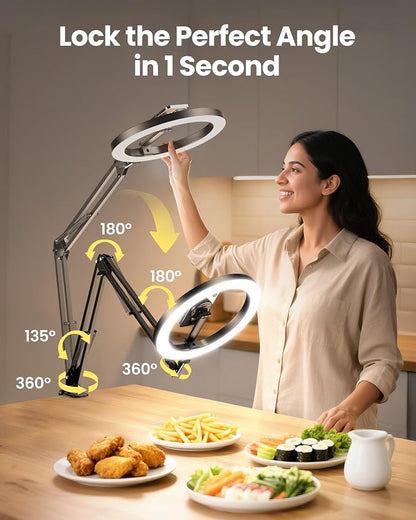 Magnetic Overhead Ring Light for Desk, 10” Selfie Light with Stand Tripod for iPhone, Adjustable Overhead Phone Mount with MagSafe-Compatible Holder for Recording, Vlogging, Crafts, TikTok, YouTube