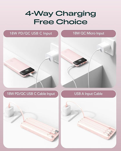 20000mAh Power Bank Fast Charging, Portable Charger with 4 Built-in Cables & 6 Outputs, 20W PD USB C Battery Pack Compatible with iPhone 16/15, Galaxy, Android, iPad & More (Travel Essential)
