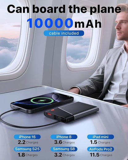 Aaoyun 10000mAh Portable Power Bank, 22.5W PD Fast Charging Battery Pack with Built-in USB-C Cable, Ultra-Slim External Phone Charger for iPhone 17/16/15, Samsung Galaxy S24, Android (Grey)