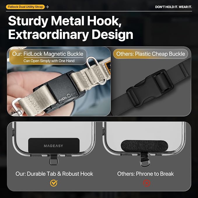 MAGEASY 20mm FidLock Dual Crossbody Utility Strap- Adjustable Crossbody Phone Lanyard with Magnetic Quick Release Buckle, Universal Durable Strap for iPhone 16 Pro Max & Most Smartphones - Starlight