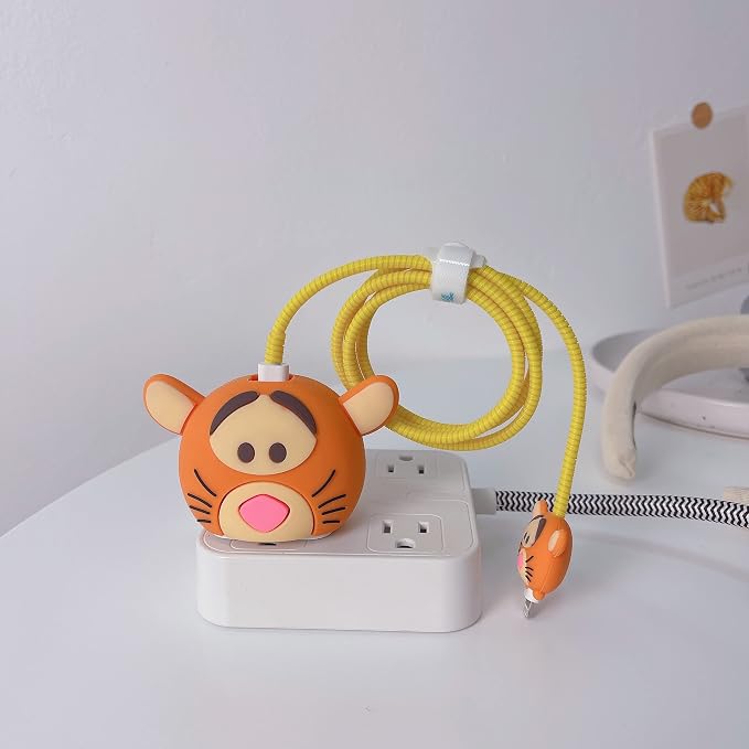 3D Cute Cartoon Charger Protector Case - Compatible for Apple 20W USB-C Power Adapter and Lightning Cable (Orange Tiger)